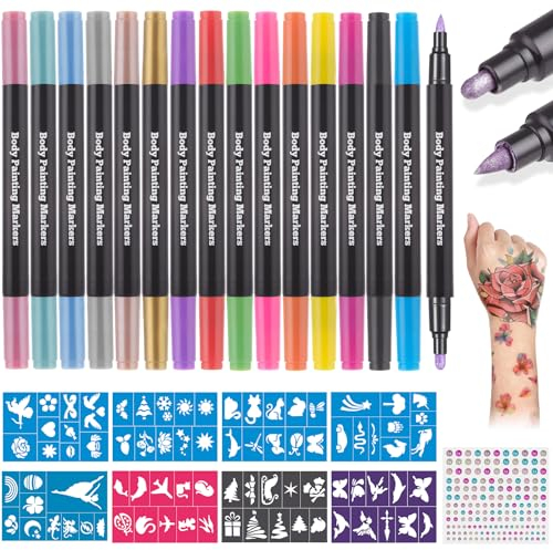 Lictin Tattoo Stifte Kinder, 16 Farben Tattoostifte für Kinder mit 8 Tattoo Schablonen, Wasserfest Schminkstifte für Erwachsene, Kinderschminke Glitzer Tattoo Set für Halloween Schminke