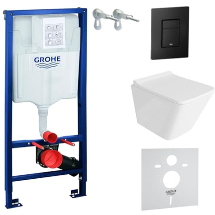 Lavita Vorwandelement Solido + Wand Hänge WC Lago Weiß Spülrandlos + WC Sitz mit Absenkautomatik Schwarzer Knopf Komplettset Unterputz Spülkasten Toilette Komplett Sett WC