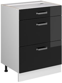 Vicco Unterschrank R-Line, Schwarz Hochglanz/Weiß, 60 cm mit Schubladen, ohne Arbeitsplatte