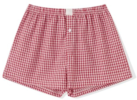 Dubute Lässige Damen-Shorts, kariert, elastisch, niedrige Taille, Pyjama, kurze Hose, lockere Lounge-Shorts, Harajuku, Streetwear, rot (a), M