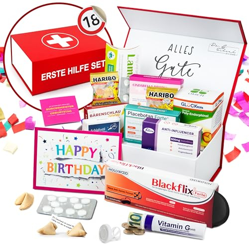 Lustiges Erste Hilfe Set - Geschenkbox - 12-teilig - Witziges Geburtstagsgeschenk zum 18. Geburstatg mit vielfältigem Inhalt - für Männer und Frauen inkl. Geldgeschenk, Sticker und Geburtstagkarte