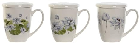 DKD Home Decor Taza con Filtro para Infusiones Azul Blanco Verde Acero Inoxidable Porcelana 380 ml (3 Unidades)
