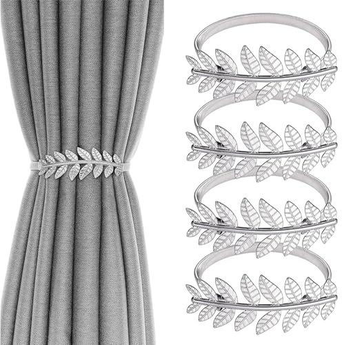 4 Pièces Embrasses de Rideaux, Attache Rideaux Fenetre Pince Cordes à Pinces à Rideaux, Embrasses à Rideaux Réglables, Argenté Feuilles Sangle de Décoration de Rideau pour Maison Bureau Hôtel