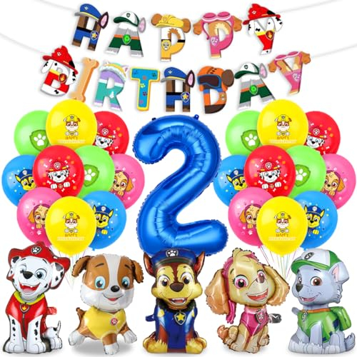 Patrol Geburtstag Deko 2 Jahre, Paw Dog Luftballons Kindergeburtstag, Hund Patrol Dog Blau luftballon 2 Geburtstag, Paw Ballon Dekoration, Happy Birthday Banner für 2 jahre Dog Patrol Party