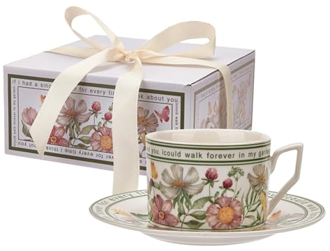 Set tazza da caffè in ceramica con piattino, tazza da caffè con fiori e piattino,Elegante tazza da caffè con fiori | Set tazza e piattino in ceramica Tazza da caffè per caffè, tè, cacao, matcha, latte