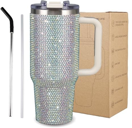 MYGLADERLIFE Funkelnder Trinkbecher mit Griff und 2-in-1-Deckel, isolierter Becher mit Strassbesatz, 1,2 l Becher mit Griff für glamouröse Hydratation (White AB)