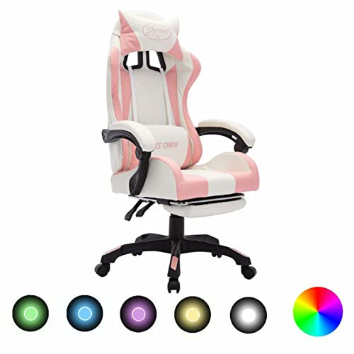 Homgoday Casa Chaise de Gaming avec lumières LED RGB Rose et Blanche en Similicuir Chaise de Repose, Chaise de Bureau Ergonomique, Chaise de Bureau, Fauteuil de Bureau Salon Chambre à coucher