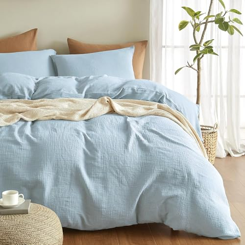 Boqingzhu Muslin Bettwäsche 155×220 cm Baumwolle Blau Hellblau Sommerbettwäsche Weich Kühlend Atmungsaktiv Sommer Bettbezug Doppelbett und Kissenbezug mit Reißverschluss