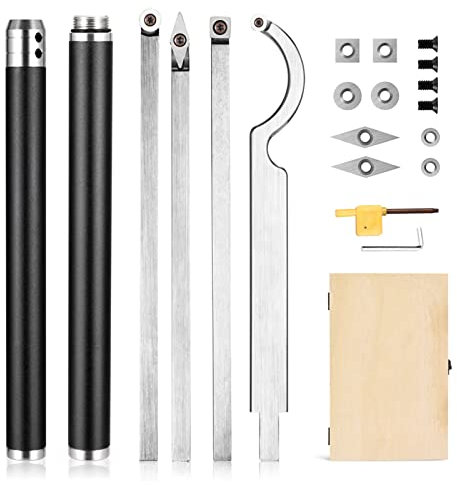 Carbide Lathe Tools, Rougher Finisher Detailer Swan Neck Hollower Tools, Wood Turning Tools for Lathe, Woodworking Chisel with Removable Alloy Handle, Wooden Case, 8 Extra Replacement Inserts