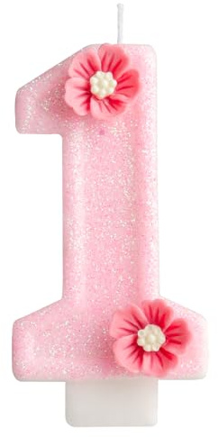 Zi Lan Birthday Candle for Girl, Pink Daisy Flower 1st Birthday Party Decorations, Number 1 Cake Candle, Pink Sequin Happy Birthday Cake Toppers for Baby Shower Anniversary Party Celebration Supplies
