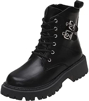 Generico Stivali Indianini Estivi Stivali Donna Dottor Donna Pelle Artificiale Tinta Unita Autunno Suola Spessa Tacchi Quadrati Cinturino con Fibbia Stivali con Zeppa Interna Mocassino (Black, 39)