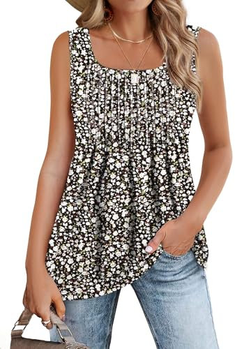 Zeagoo Vests for Women Summer Pleated Sleeveless Tank Casual Cami Tank Tops Elegant Square Neck Tops Camisole Vests Shirt Loose Fit Blouse Shirt Floral Black M