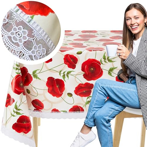 KP HOME Tischdecke Abwaschbar, Pflegeleicht Rechteckig Abwischbare PVC Tischdecke 200x140cm, Wetterfeste für Innen- und Außenbereich, Wachstuchtischdecke Wischfest Mohn-Spitzen Blumen-Design