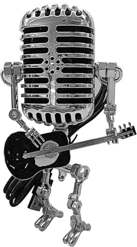 Musiin Retro Decorative Microphone Robot Figurine, Holding a Black Guitar, Built-in Faint Light Effect With Switch, a Surprise Creative Gift for Music Lovers