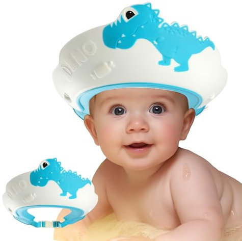 Baby Shower Cap Shield, Shower Cap for Kids, Visor Hat for Eye and Ear Protection for 0-9 Years Old Children, Cute Dinosaur Shape Makes the Baby Bath More Fun (Blue)