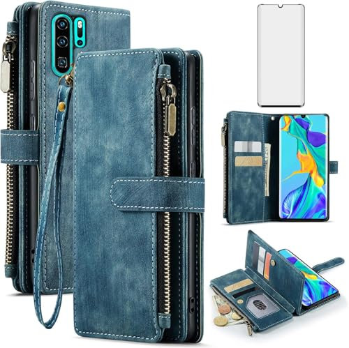 Asuwish Custodia per Huawei P30 Pro, con pellicola protettiva per carte di credito, pieghevole, in pelle, con supporto HuweiP30Pro Hawaii P 30 P30Pro VOG-L29, con chiusura lampo, colore: blu