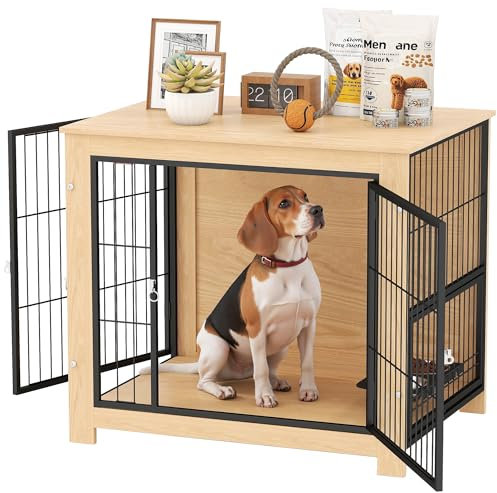 PawHut Jaula para Perros Mesa Auxiliar Moderna Casa para Mascotas con 2 Puertas Soporte Giratorio con 2 Tazones y Estructura de Acero para Perros Medianos 80x60x68 cm Roble