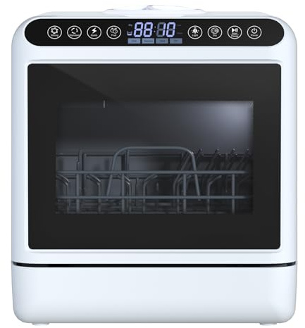 joukares 5L Water Tank Mini Portable Dishwasher, Smart Countertop Dishwasher with 5 Place Settings, 2-Tier Rack, 3-Spray Arm, High-Temperature Cleaning, Air-Dry Function, Compact for Small Kitchens W