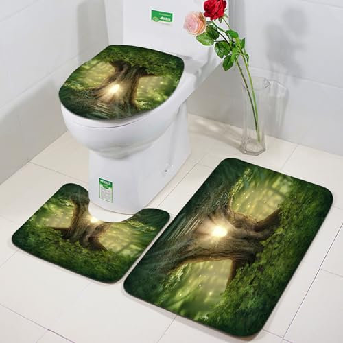 FEHWI Lot de 3 Tapis de Bain antidérapants et lavables pour la Salle de Bain,Douche,Baignoire,Arbre de Vie féerique Mystique Forêt enchantée Lumières mystiques Digi,décoration WC Tapis de Sol