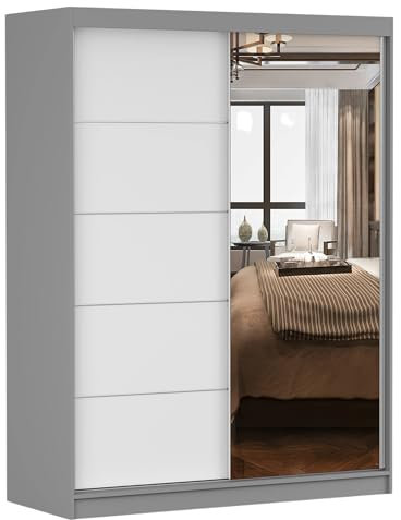 Fabryka Mebli Idźczak Kleiderschrank mit Spiegel, Schiebetüren - Schwebetürenschrank, Schlafzimmerschrank - 61 x 150 x 200 cm - Schrank für Schlafzimmer, Ankleidezimmer, Garderobe - Grau/Weiß