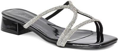 ESSEX GLAM Women's Strappy Heeled Mule Ladies Low Block Heel Sparkly Jewel Diamante Square Toe Slider Mule Size 3-8