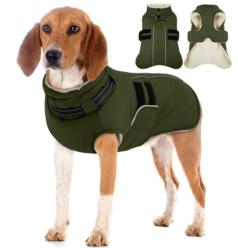 IECOii Hundemantel Große Hunde Mit Harness,Reflektierende Hundejacke Hundemantel Für Hunde Winterweste Wasserdicht Wintermantel Mit Geschirr Warme Winterjacke Hundepullover, Hundejacke,Armeegrön,L