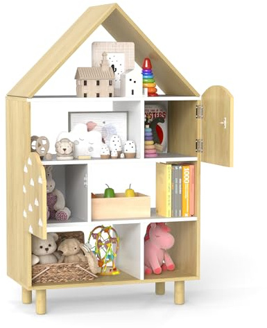 GYMAX 4-Tier Kids Bookcase, House-shaped Children Bookshelf with 2 Doors, Anti-toppling Devices & Solid Wood Legs, Toy Storage Organizer for Kid's Room Nursery Kindergarten