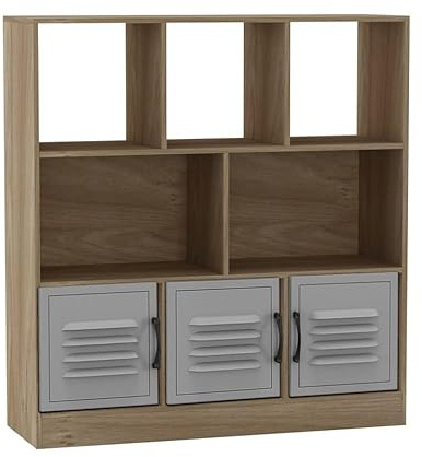 URBNLIVING Oak 8 Cube Asymmetrical Bookcase – Freestanding Storage Cabinet with 3 Doors - Metal Doors - Grey