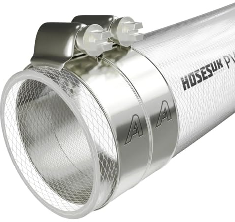 51mm (2) Clear Braided PVC Flexible Tubing Food Grade Pipe Reinforced Vinyl Water Hose + Clips 2 Metre (6.6 ft)