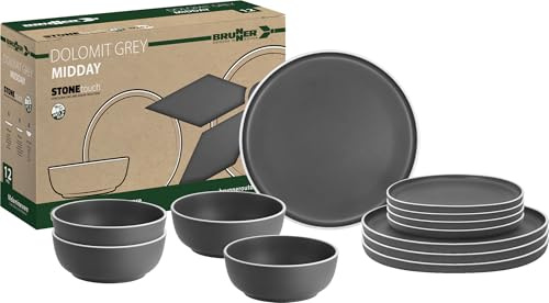 Brunner Dolomit - Set di stoviglie da campeggio in melamina, antiscivolo, leggero e resistente alla rottura, con piatti, ciotole e tazze, roulotte, picnic e campeggio (colore grigio dolomit, set da 12