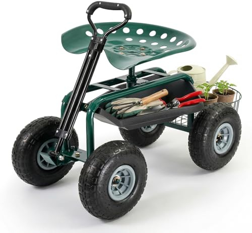 Sekey Gartenrollsitz mit Griff & Ø 25,5cm Reifen - Fahrbarer Rollsitz für Gartenarbeit bis 180kg - 360° Drehbarer Gartensitz zum Ernten & Beschneiden - Gartenhelfer mit Korb für Hof & Garten