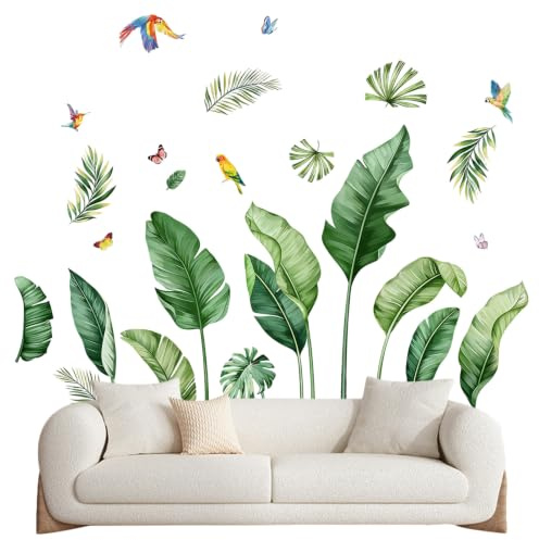 Wandtattoo Dschungel, Wandtattoo Grüne Pflanzen, Wandaufkleber Deko, Wall Stickers mit Tropische Palme Blätter Bananenblätter und Vögel, Wanddeko für Küche Wohnzimmer Flur Schlafzimmer Badezimmer
