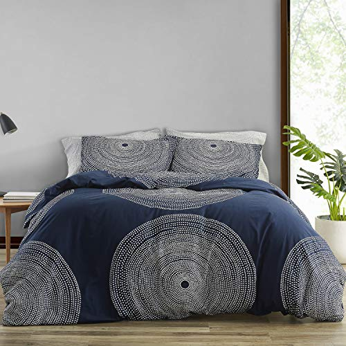 MARIMEKKO Bettwäsche-Set aus glattem Baumwoll-Perkal-Bettwäsche mit passendem Kissenbezug, mittelschwere Heimdekoration, King-Size-Bett, Fokus-Marineblau