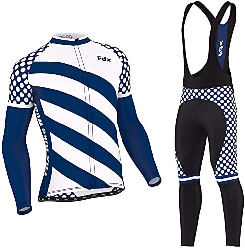 FDX Men's Winter Cycling Suit - Italian Thermal Roubaix Windproof Clothing Set - Long Sleeve Jersey with 3D Padded Bib Tight Equin Suits for Biking, Bicycle Riding, Outdoor Sports(White XL)