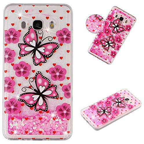 HopMore Silicona Funda para Samsung Galaxy J7 2016 Glitter Liquido 3D Brillante Purpurina Motivo Transparente Dibujo Carcasa Resistente Ultrafina Antigolpes Caso Protección Soft Case - Mariposa Rosa