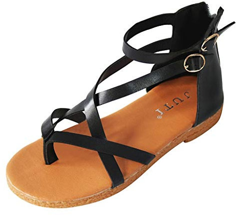 OverDose Sandales Sandales Femmes Plates Pas Cher Bride Arriere Chaussures de Plage Bout Ouvert Été à Talons Plat Sandals Semelle Confortable Nu Pieds Bride Cheville Lanière 2019 Bleu Marron Noir