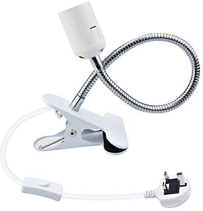 Clip On Bulb Holder E27 with On/Off Switch UK Plug 360 Degrees Flexible Lamp Holder Clip E27 Edison Screw Lamp Holder Base for Desk and Offices Garages Kitchens