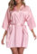 Vlazom Kimono Robe Damen Morgenmantel Kurzer Satin Bademantel Mit Gürtel V-Ausschnitt Kimono(M,Rosa)