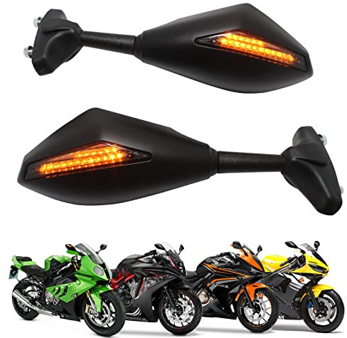 MISS MOLY Schwarz Motorrad Blinklicht Rückspiegel mit LED Pfeil Indikator Für CBR GSXR YZF (Matt Schwarz + Rauchglas)