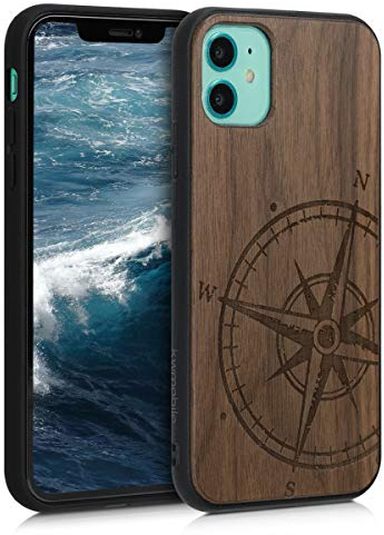 kwmobile Hülle kompatibel mit Apple iPhone 11 Hülle - Holz Case - Handy Cover - TPU Handyhülle in Dunkelbraun Kompass Vintage