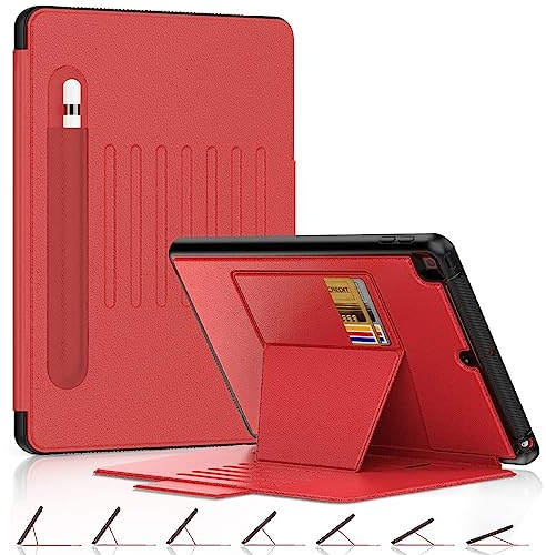 DAORANGE Coque pour iPad 9ème/ 8ème/ 7ème Génération 10.2, Etui Housse en Cuir PU Antichoc avec Porte-Stylo, Support Magnétique avec 7 Angles Réglable, Fonction Veille/Réveil Automatique (Rouge)