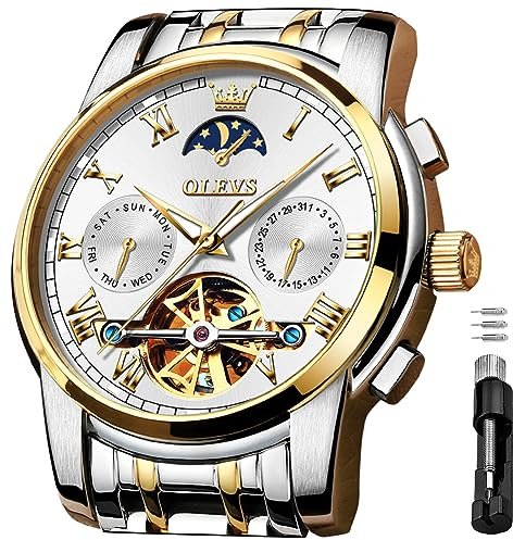 OLEVS Herren-Armbanduhr, automatisch, mechanisch, luxuriös, wasserdicht, selbstaufziehend, Mondphasen-Chronograph, Edelstahl, leuchtendes Datum, Tourbillon-Armbanduhr für Herren, Weißes Zifferblatt