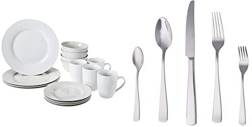 Amazon Basics 16-Piece Dinnerware Set, Service for 4, AB-grade porcelain, White and 20-Piece Stainless Steel Flatware Set with Square Edge, Service for 4