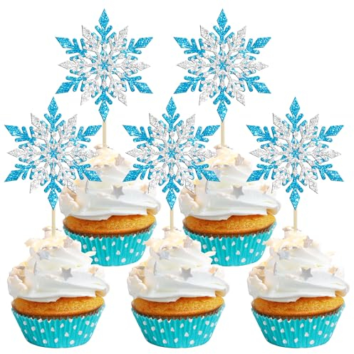 Gyufise 24 Pack Snowflake Cupcake Toppers Double Layers Silver and Blue Winter Frozen Theme Cupcake Picks Baby Shower Kids Birthday Party Christmas Cake Decorations Supplies