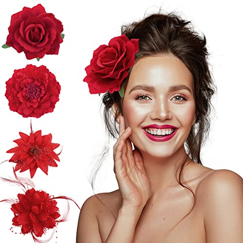 BOFUNX 4pcs Flor Broche Clips de Pelo de Flor Horquillas con Rosas Tocado Pinza para Cabello Accesorios para Bailarina de Flamenco Novia Mujer Niña para Fiestas Sevillana Boda
