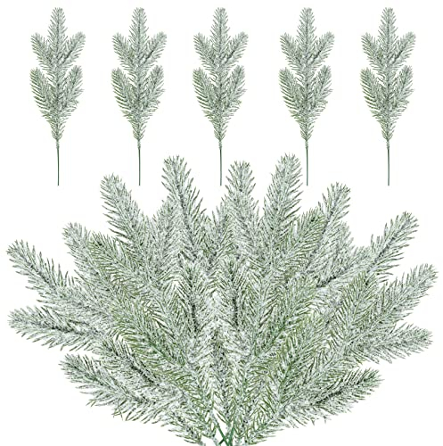 HanOBC Künstliche Tannenzweige für Weihnachten, 25 cm, schneegefrostet, künstliche Waldkiefer, Grün, schneebedeckte Kiefernspieße für Weihnachtsbaum, Zuhause, Urlaubsdekoration, 24 Stück