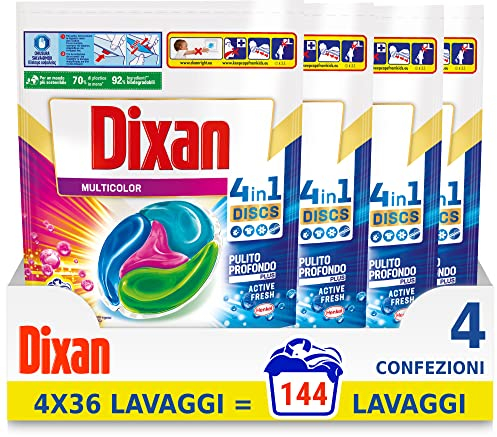 Dixan Discs Multicolor Detersivo Lavatrice Predosato in Capsule per Capi Colorati 4 in 1 - 4 x 36 Lavaggi (144 lavaggi)