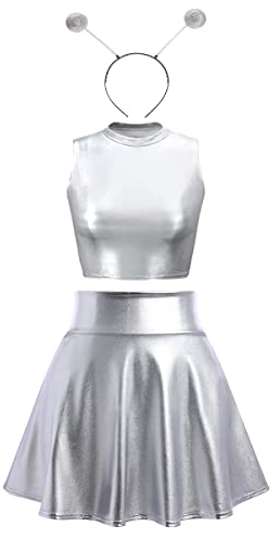 Alien Kostüm Damen - Metallic Glitzer Oberteil Crop Top+Faltenrock Mini Skater Röcke 90er Jahre Outfit Halloween Karneval Fasching Festival Rave Faschingskostüme Silber 01+Alien Haarreif M