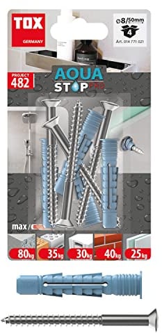 TOX Aqua Stop Pro 8/50 + S abdichtender Dübel, 2 Stk. | Für Befestigungen an gefliesten Wänden, HDPE-Kunststoff, TX-Schraube, abtrennbarer Kragen, 014771021