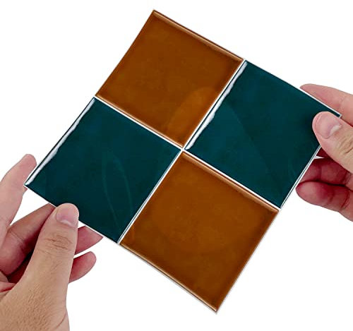 Alwayspon Blue Orange Mosaic Effect Thick Tile Sticker, Vinyl Peel and Stick Self-Adhesive Splashback Waterproof Stick on Tile Transfer Sticker for Kitchen Bathroom Wall, 15x15cmx10pcs